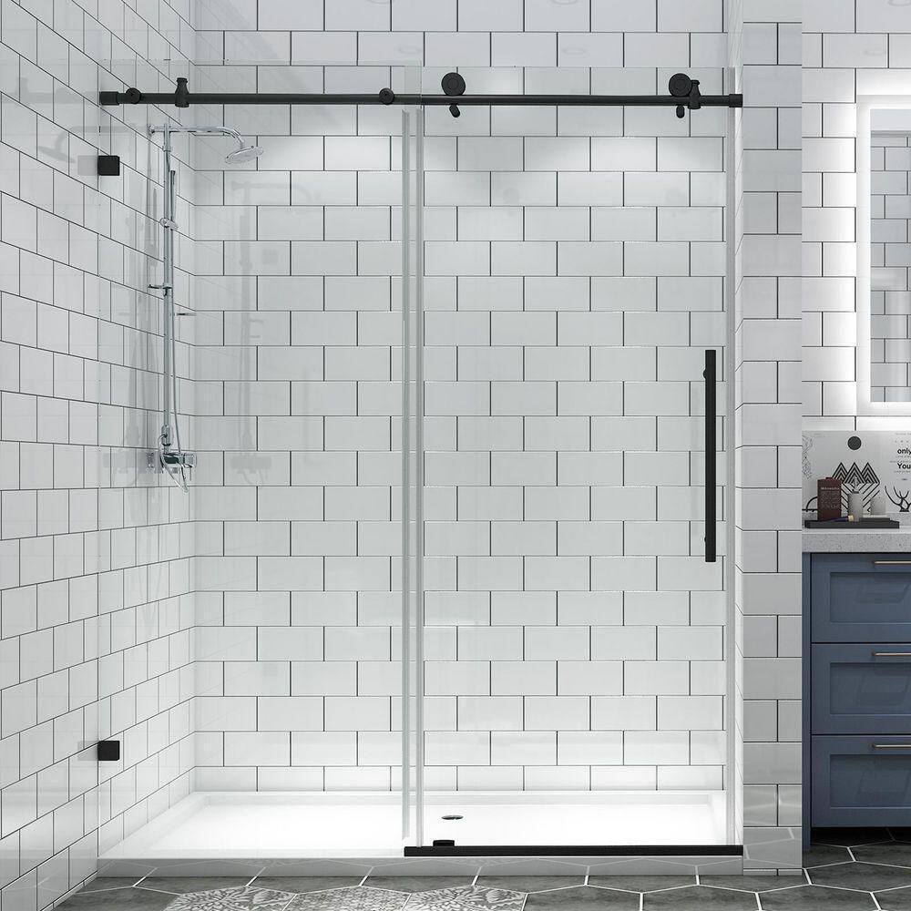 Xspracer Victoria 56-60 in. W x 74 in. H Sliding Frameless Shower Door in Black Finish with Clear Glass JH-NBP05P2MB