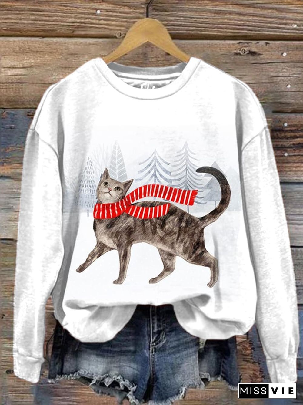 Women's Merry Christmas Cat Winter Cats Print Sweatshirt