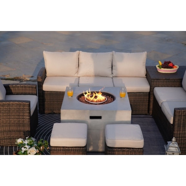 7Piece Patio Brown Rattan Wicker Conversational Sofa Set with Fire Pit Table and Storage Box