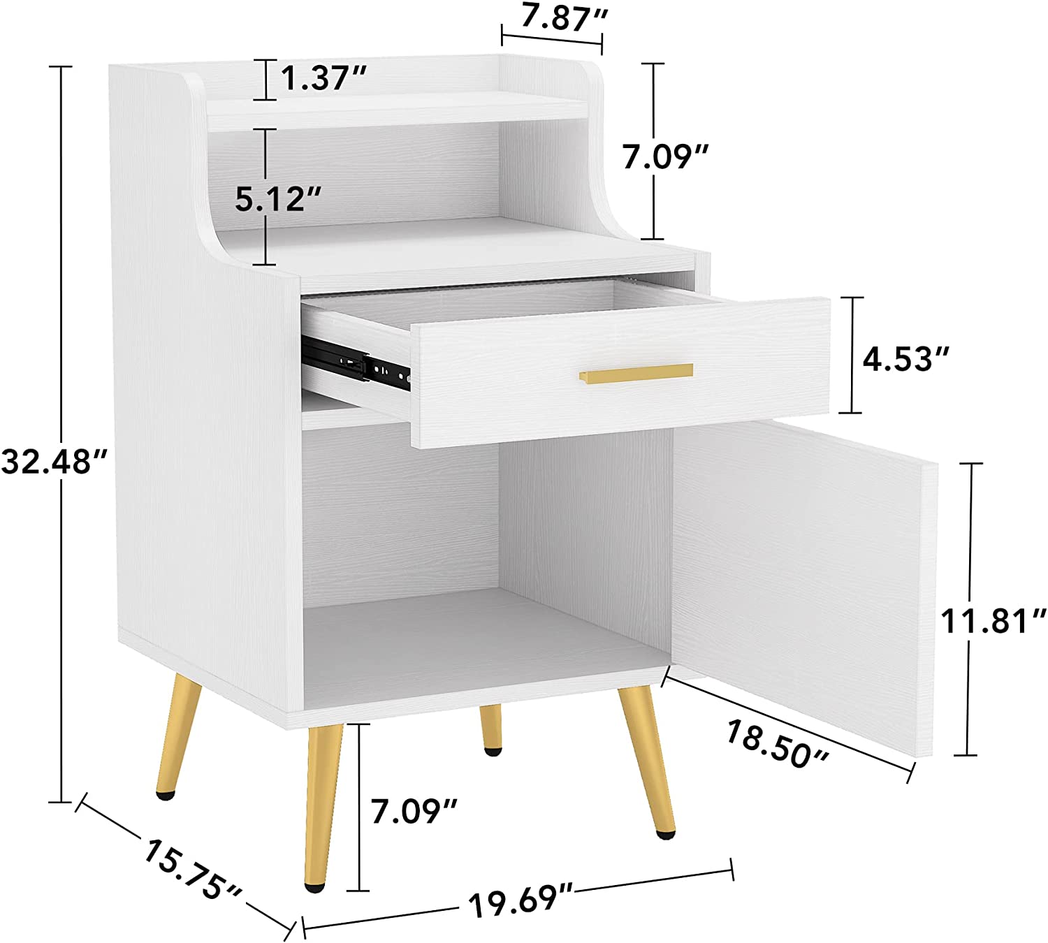 Tribesigns Modern Nightstand with Door Cabinet, Set of 2 Bedside Sofa Table with Drawer, White & Gold