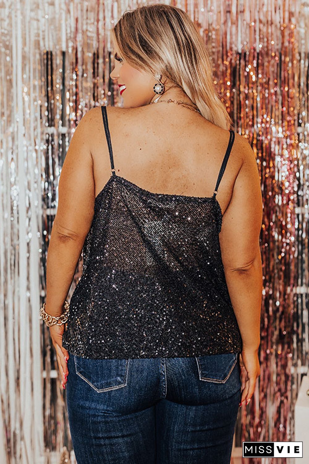 Black Plus Size Drape Neck Sequin Tank Top