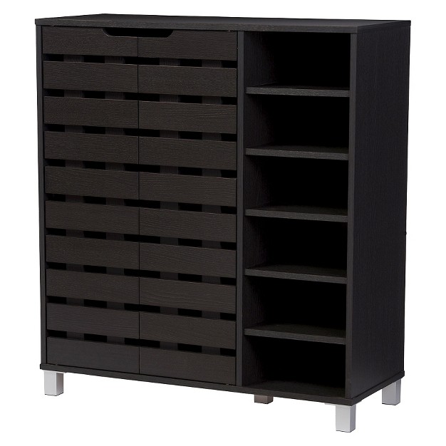 Shirley Modern And Contemporary Wood 2 door Shoe Cabinet With Open Shelves Dark Brown Baxton Studio