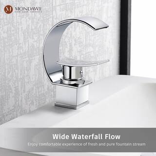 Mondawe Luxury C Waterfall Single Lever Handle Arc Spout Single-Hole Bathroom Sink Faucet with Pop-up Drain in Polish Chrome WF-1381-C