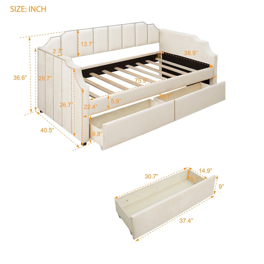 Twin Size Upholstered Daybed with Drawers   Wood Slat Support  Beige