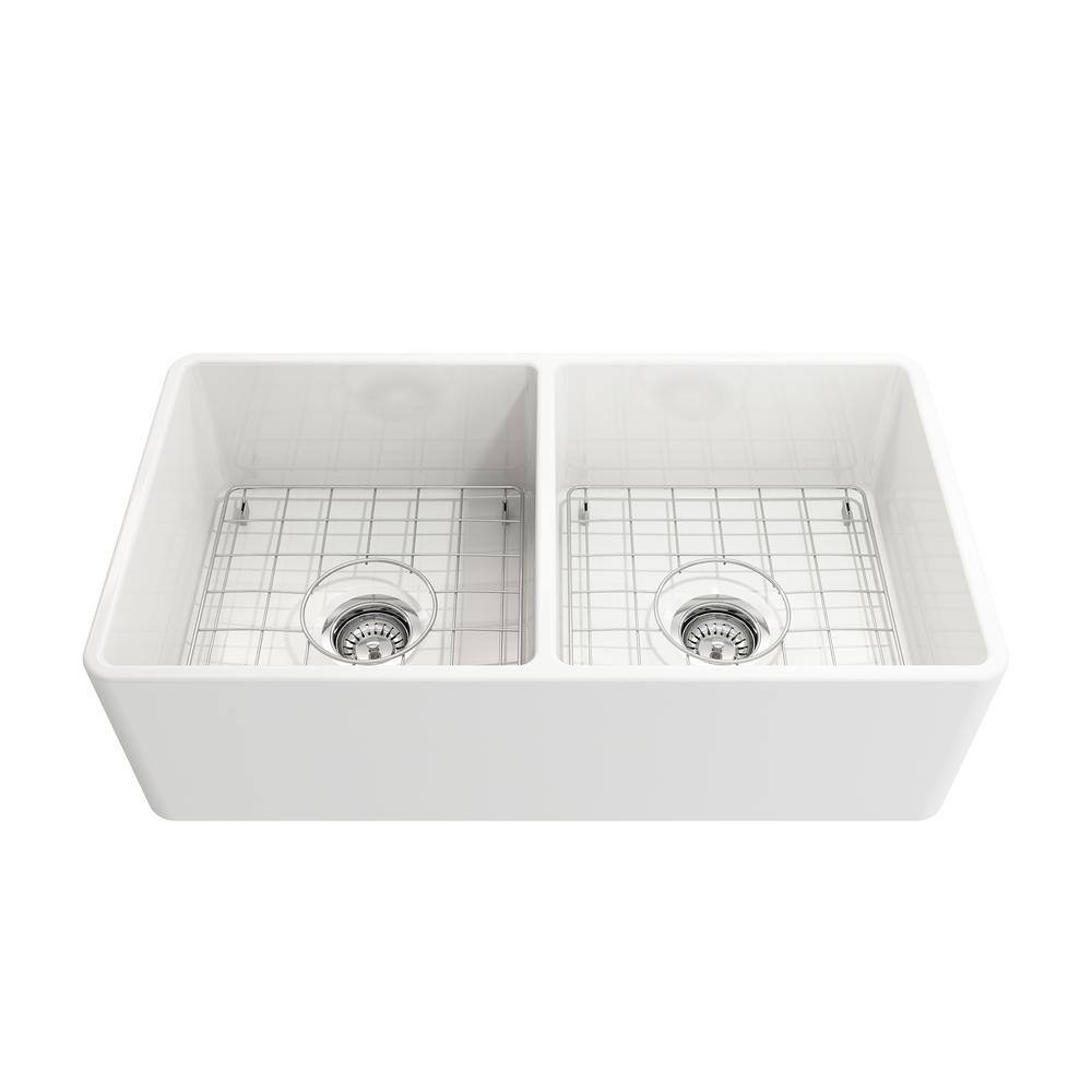 Glacier Bay Farmhouse Apron-Front Fireclay 33 in. Double Bowl Kitchen Sink in White with Bottom Grid 3ABRB-39-001