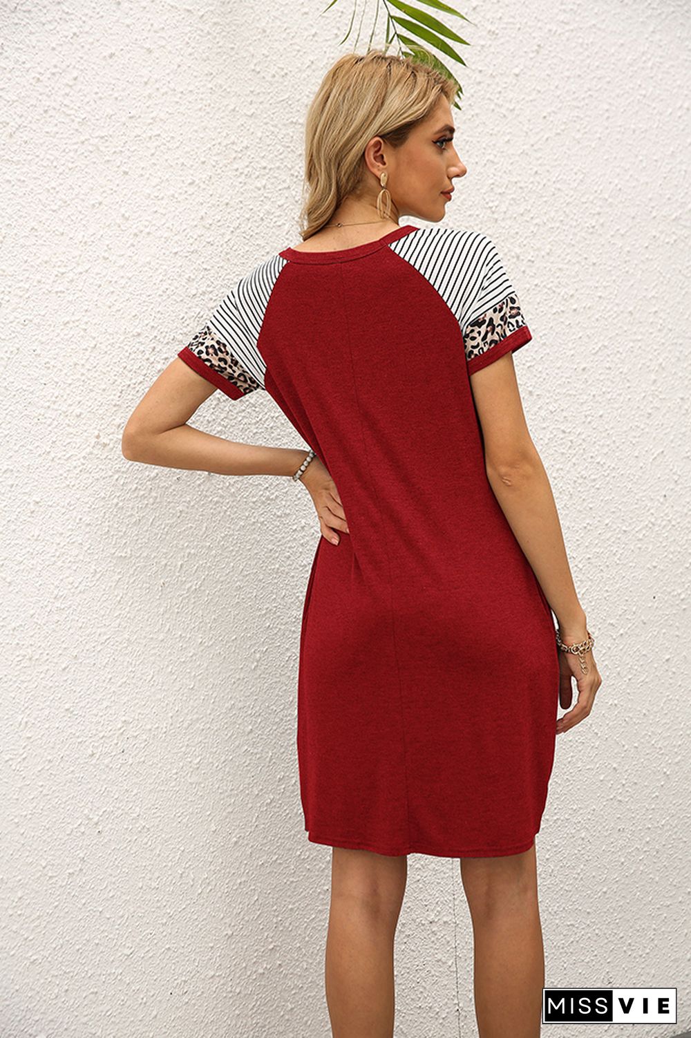 Wine Red Stripe O-neck Twist Short Sleeve Dress with Pocket