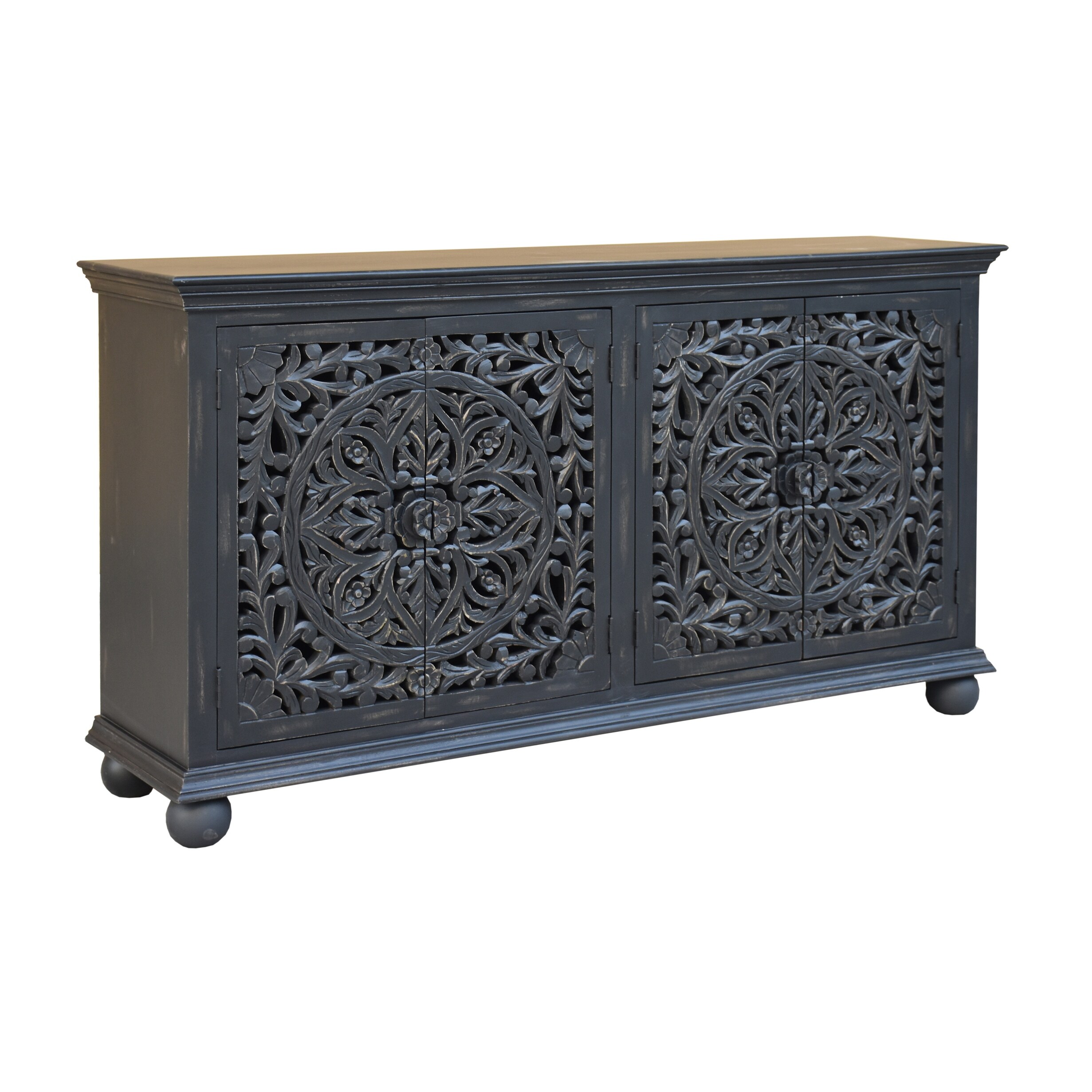 Yvette Boho 4 Door Storage Credenza/Sideboard with Carved Door Fronts - Weathered Black