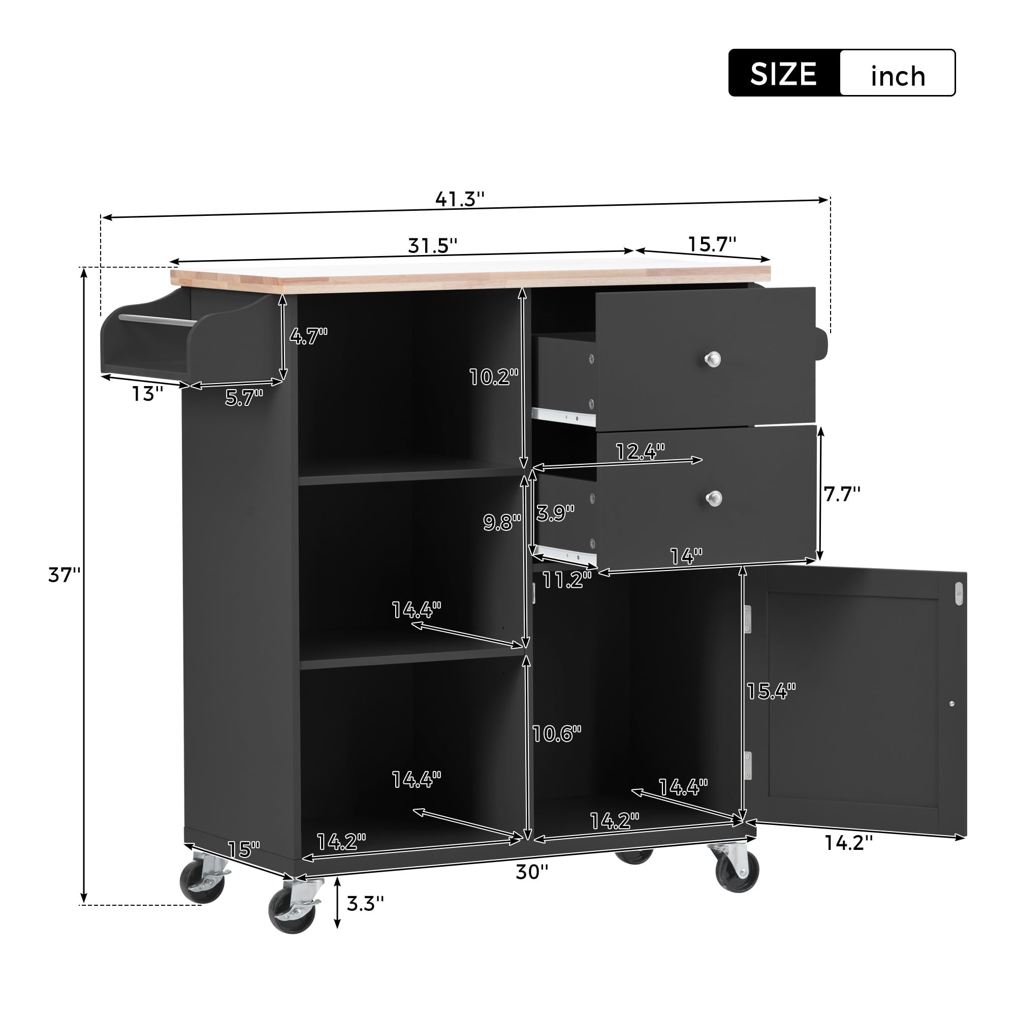 Kitchen Cart with Wheels， HSUNNS Wood Top Kitchen Island Cart with Storage Drawers|Open Shelves|Spice Rack|Towel Rack， Rolling Kitchen Cabinet Trolley Cart， Black