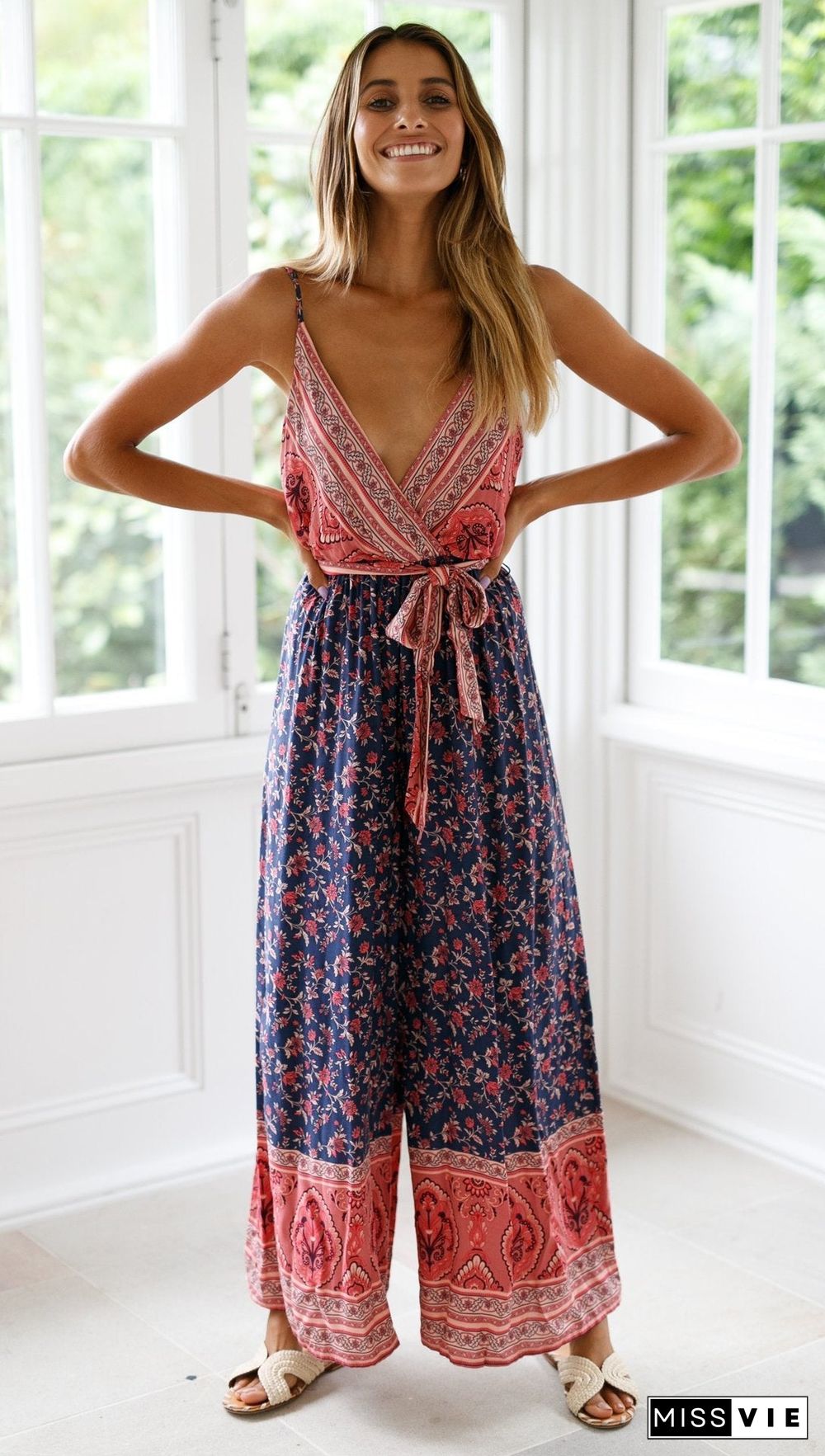 Boho Navy Floral Surplice Jumpsuit