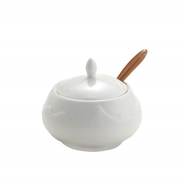 LIONWEI LIONWELI Sugar Bowl， Ceramic Sugar Bowl with Lid and Bamboo Spoon for Home and Kitchen - Mountain Design， White