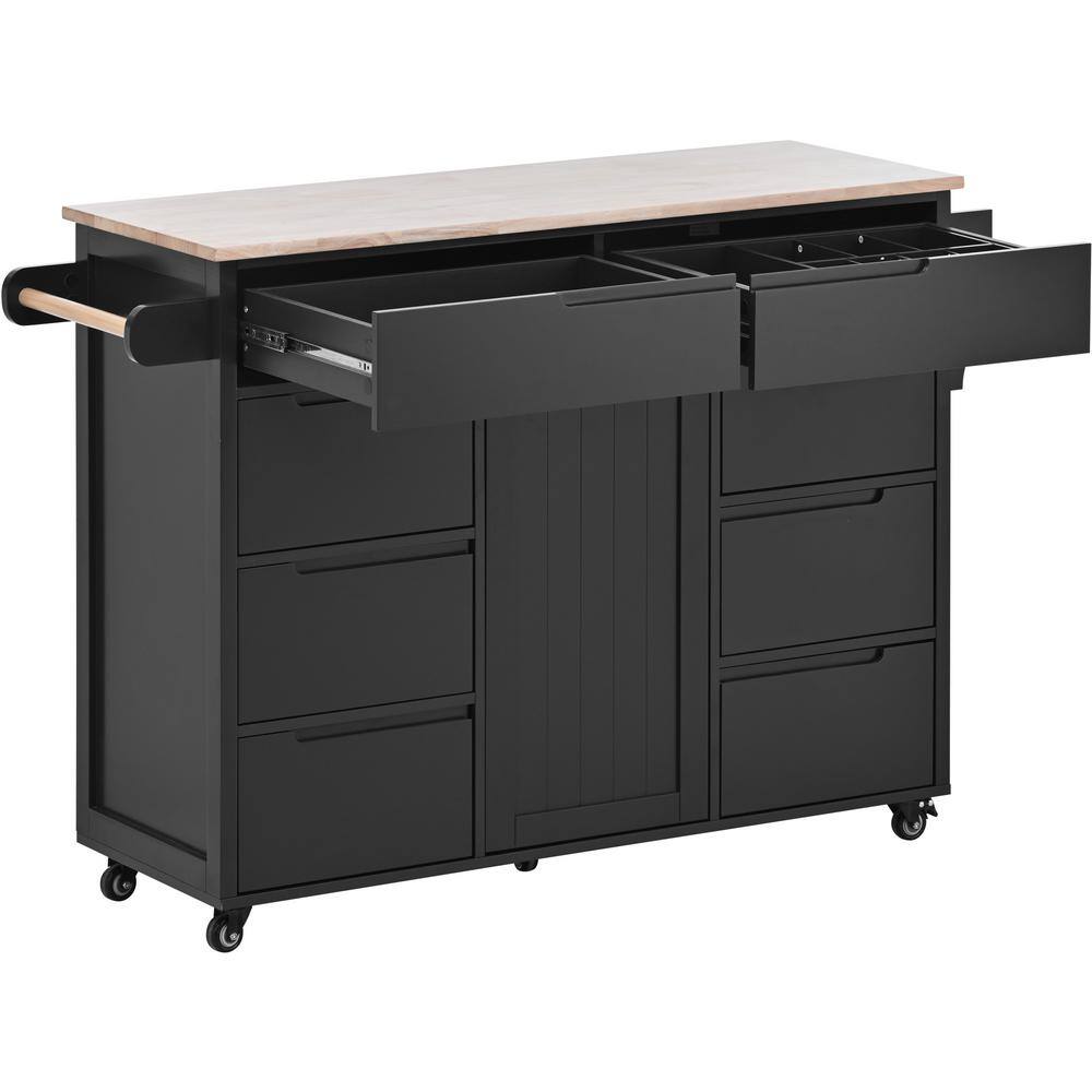 Runesay Black Rubberwood Countertop 53.1 in. W Kitchen Island Cart with 8 Handle-Free Drawers and Flatware Organizer KIBK-2282