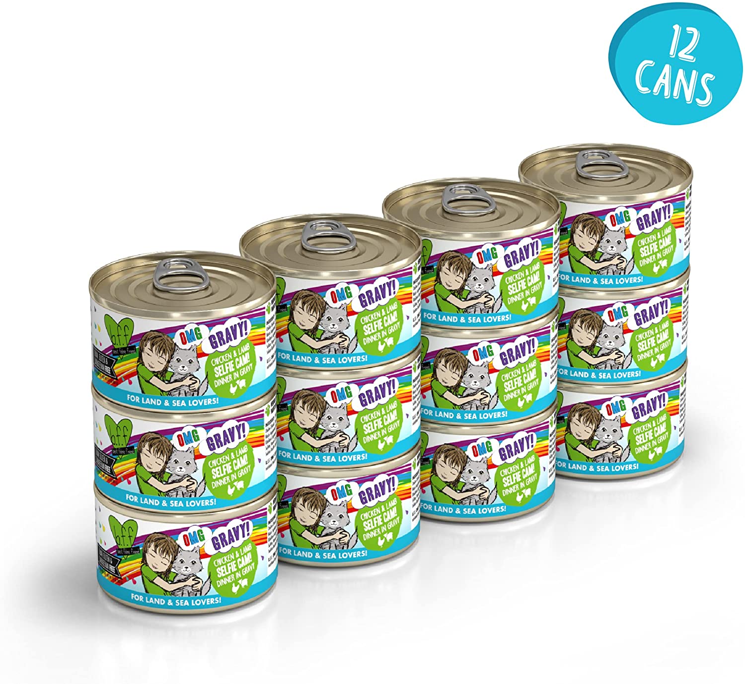 Weruva B.F.F. OMG - Best Feline Friend Oh My Gravy!， Selfie Cam! with Chicken and Lamb in Gravy Cat Food， 2.8-Ounce Can (Pack of 12)