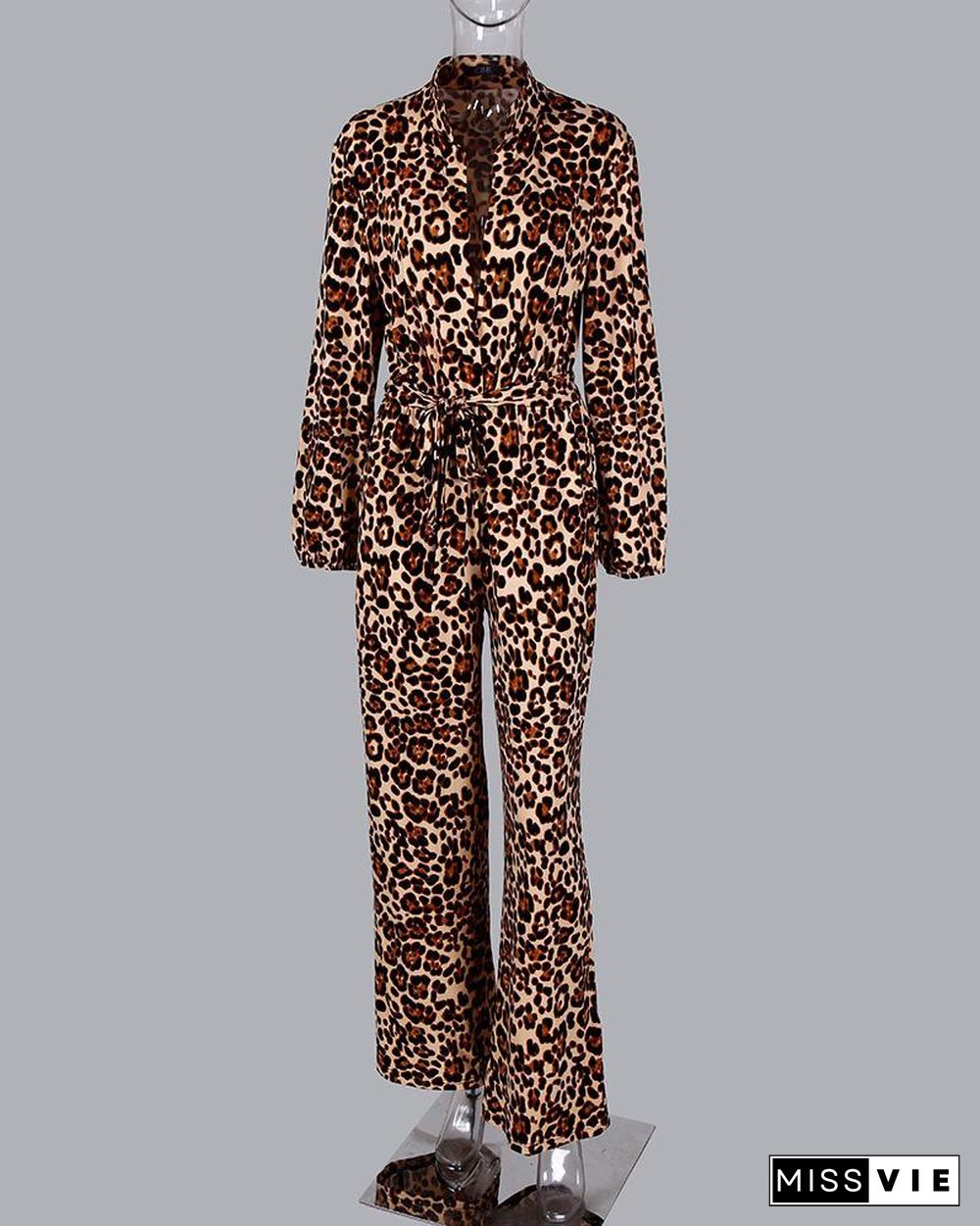 Leopard Print Button Design Wide Leg Jumpsuit P13128