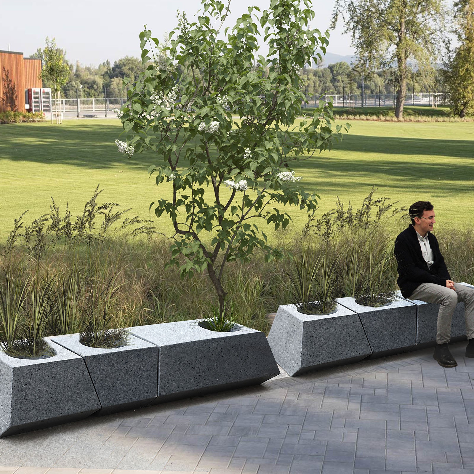 Set Of 3 Outdoor/Indoor Fiberglass Concrete Planter Box And Bench Xk-5040A+B+C