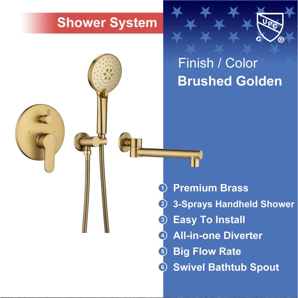 RAINLEX Round Single-Handle Wall Mount Roman Tub Faucet with Swivel Spout in Brushed Gold (Valve Included) RX96207LSJ