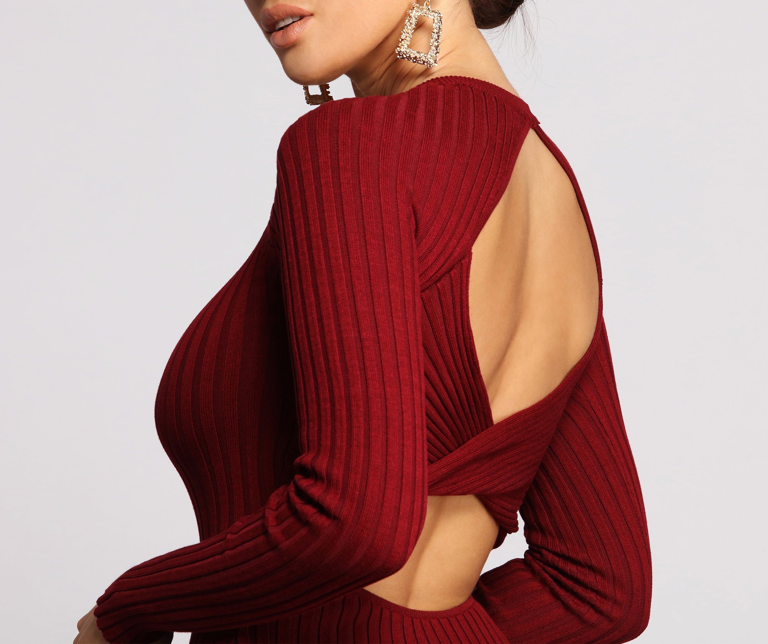 Trendy Twist Back Ribbed Knit Midi Sweater Dress