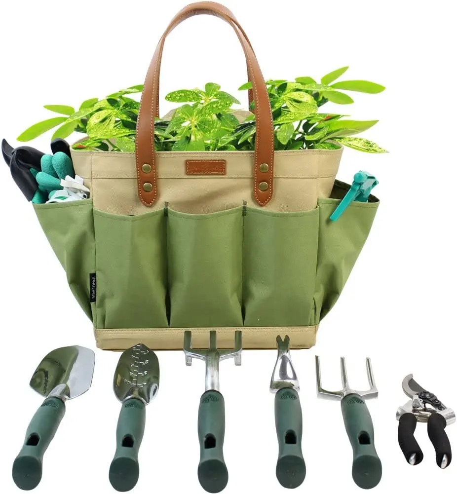 Garden Tool Tote Solid Bag with 11 Piece Hand Tools Best Gardening Gift Set Organizer with Vegetable Garden Tool Kit