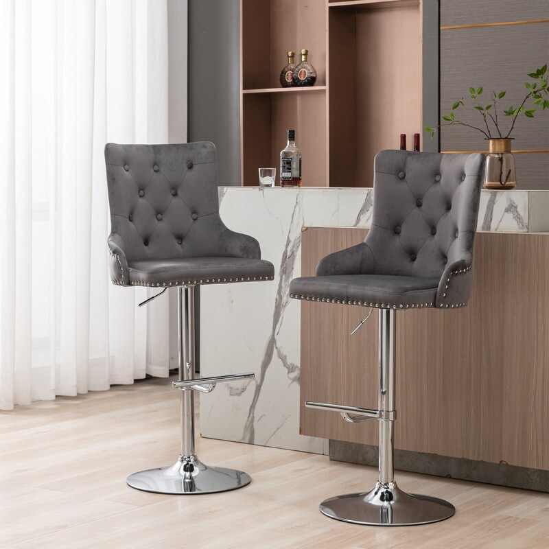 Set of 2 Adjusatble Height Upholstered Velvet Bar Stools