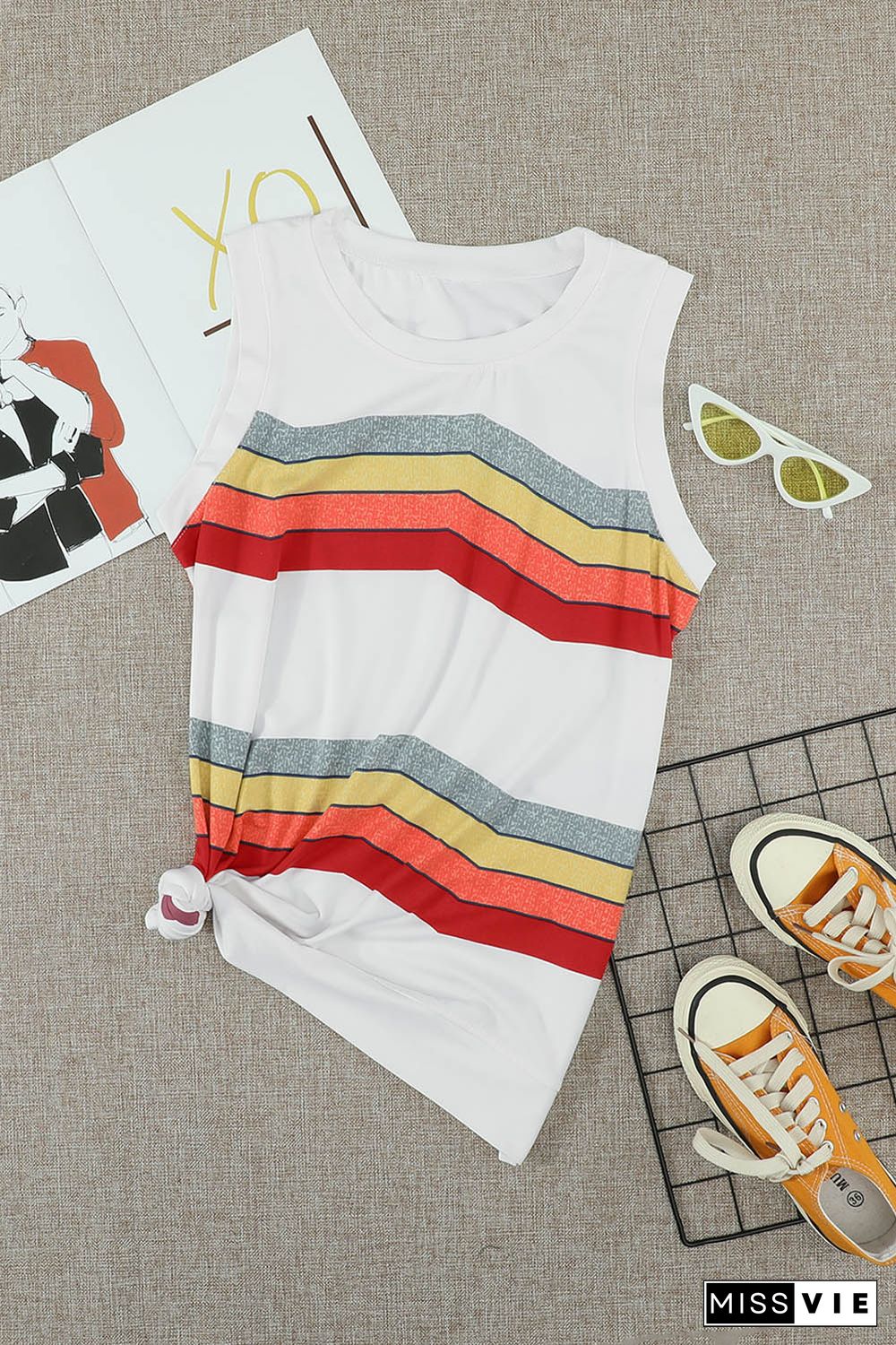 White Crew Neck Colorblock Stripes Tank Top