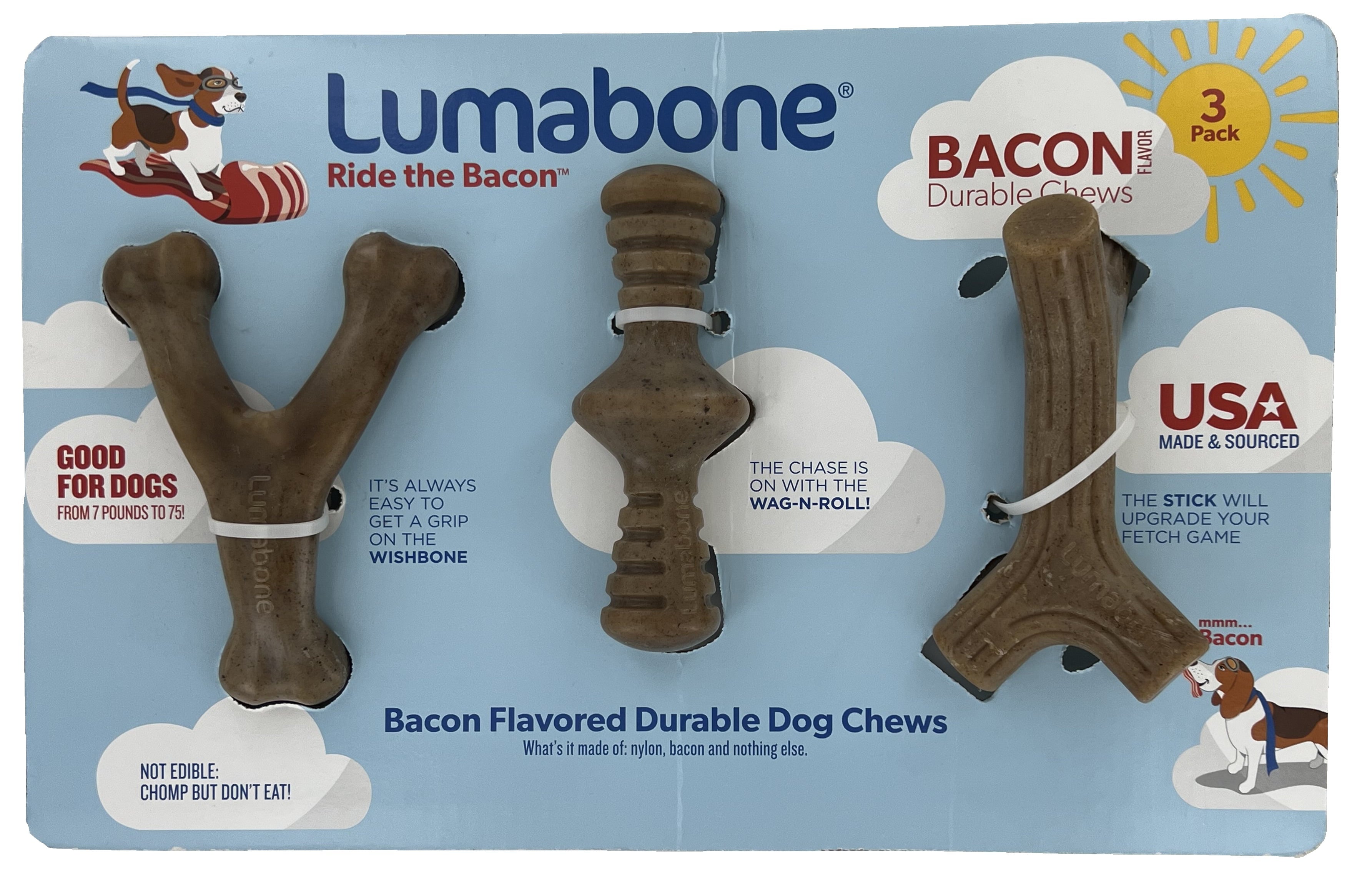 Lumabone Durable Chew Toys， Bacon Flavored (3 Pack)