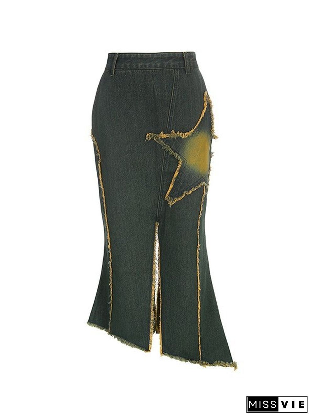 Slit Vintage Star Embroidered Denim Maxi Skirt