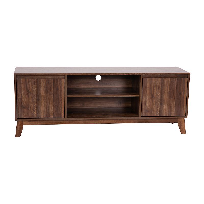 Emma and Oliver Beverly Mid-Century Modern Wooden TV Stand with Soft Close Doors， Shelf， Cord Management Hole and Tapered Legs