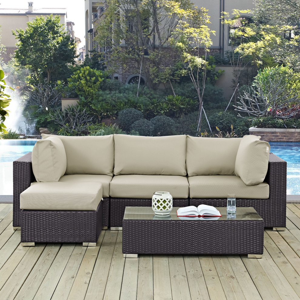 Espresso Beige Convene 5 Piece Outdoor Patio Sectional Set   Tropical   Outdoor Lounge Sets   by Morning Design Group  Inc  Houzz