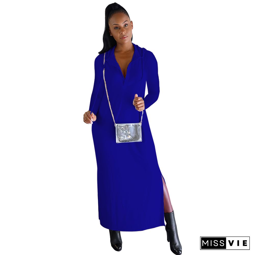 Solid Long Sleeve Back Hole Hooded Dress