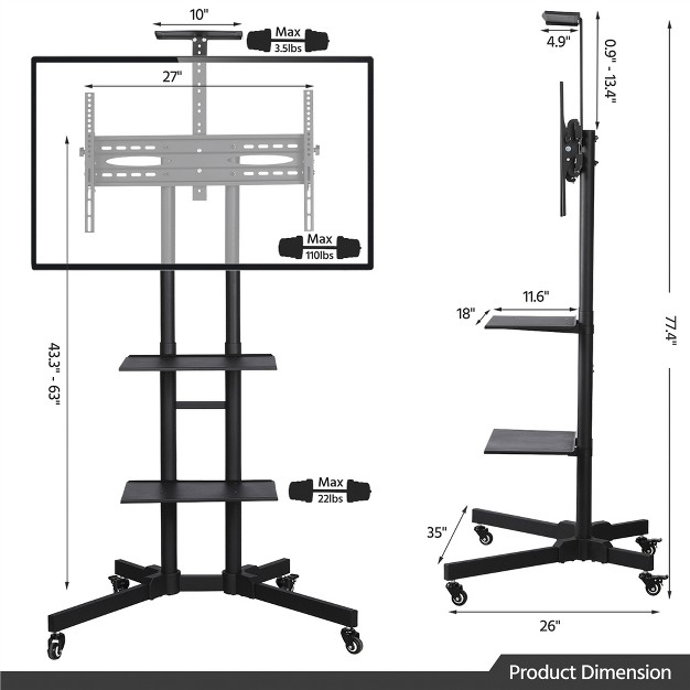 Yaheetech Adjustable Mobile Tv Stand Metal Tv Cart Black