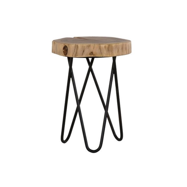 18 Inch Side Table， Wood Tabletop， Hairpin Style Iron Legs， Brown， Black - 12L x 12W x 18H