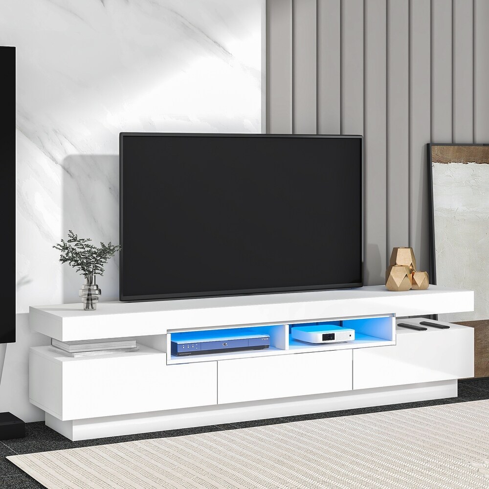 Modern White TV Stand High Gloss Entertainment Center with 4 Open Shelves for 75\