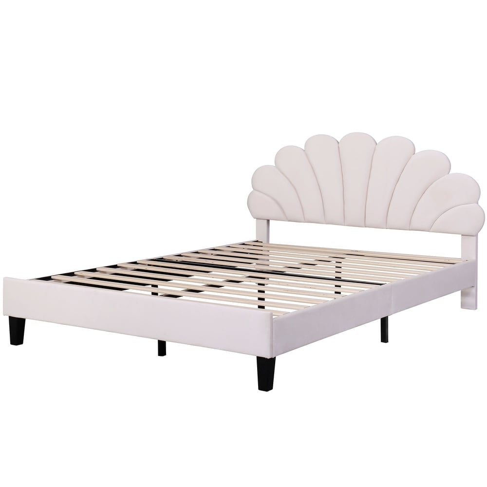 Upholstered Queen Size Platform Bed for Kids  Velvet Fabric Bedframe with Flower Pattern Velvet Headboard   12 Wood Slat Support