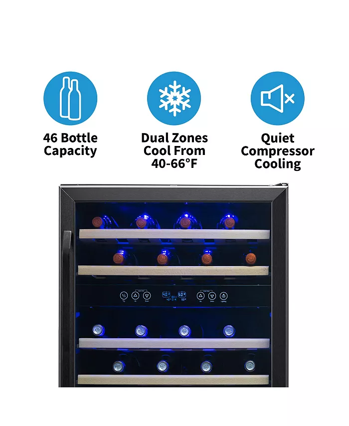 Newair 24 Built-in 46 Bottle Dual Zone Compressor Wine Fridge in Black Stainless Steel Quiet Operation with Beech Wood Shelves