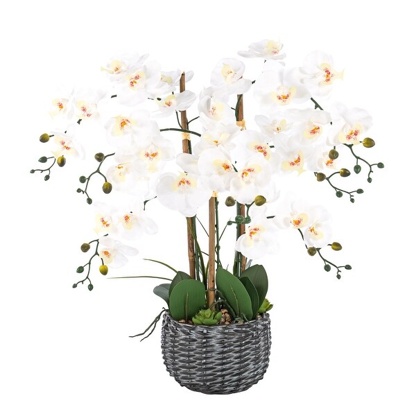 7 Stems Artificial Real Touch Silk Orchid with Succulents in Bamboo Woven Basin