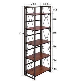 VECELO 5 Shelf Bookcase No-Assembly Folding-Bookshelf Industrial Standing Racks Study Organizer with Metal Frame ，Brown 1 KHD-XJM-B01