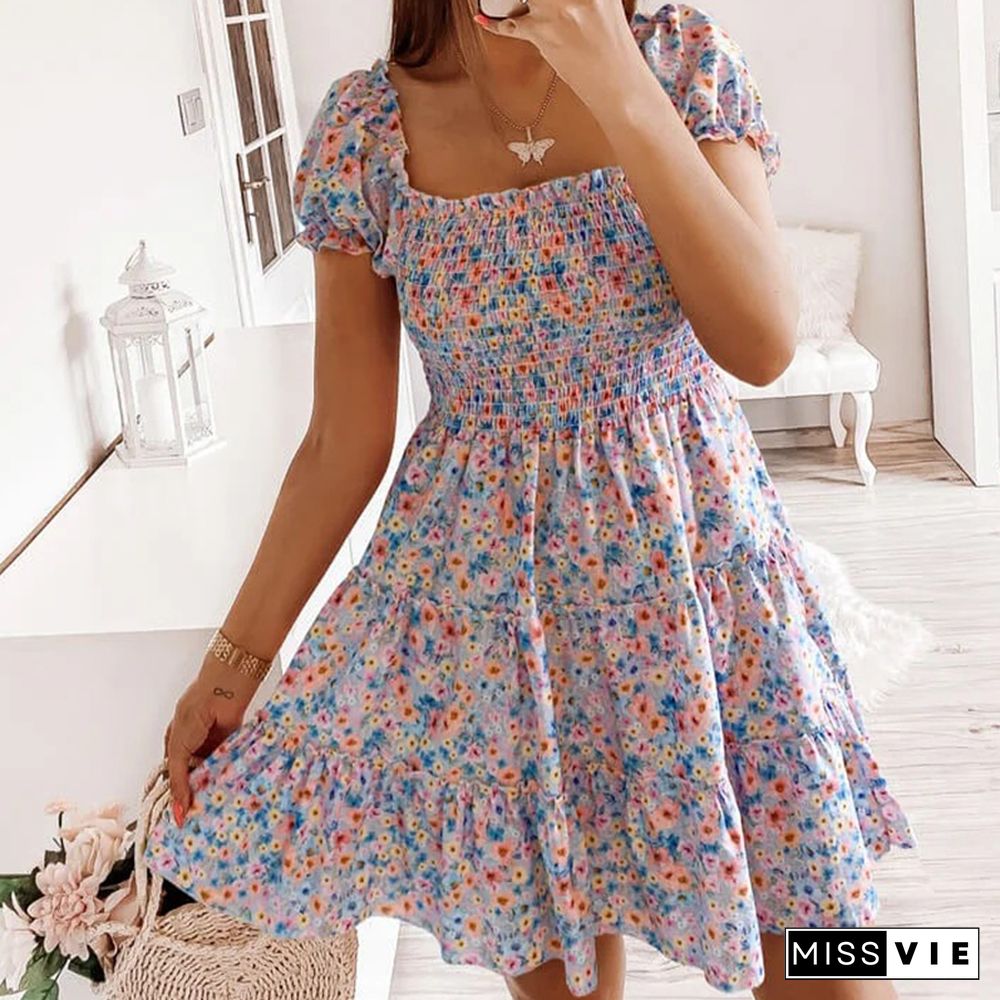 New Mini Dress Summer Beach Fashion Dress Women Short Puff Square Collar Folds Flower Print Ruched Sexy Vacation Party Sundress