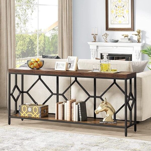 71 Inch Extra Long Console Table， Industrial Narrow Sofa Table Entry Table Behind Couch Table with Open Storage Shelf