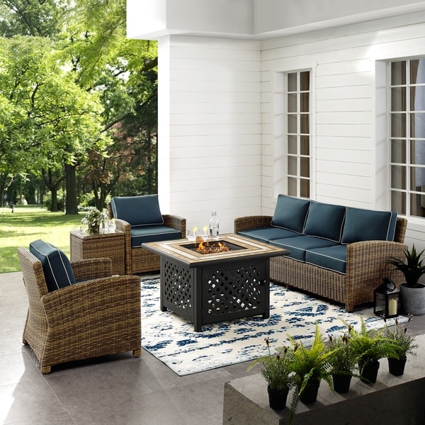 Crosley Bradenton 5Piece Outdoor Wicker Sofa Conversation Set With Navy Cushions