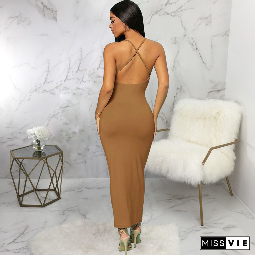 Spaghetti Strap Cross Back Bodycon Maxi Dresses