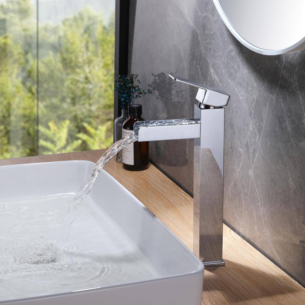 Tahanbath Single Handle Single Hole Waterfall Square Bathroom Vessel Faucet in Polished Chrome X-XY-1336-22C-US