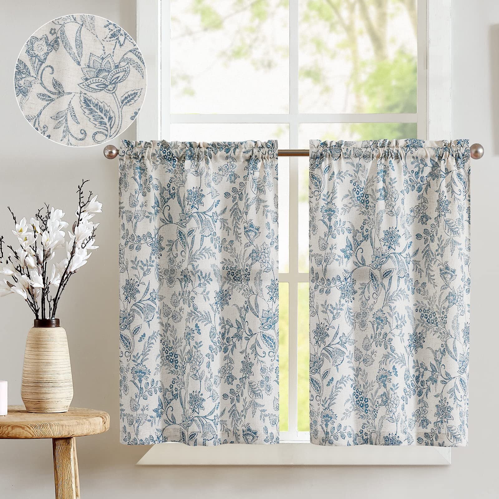 Curtainking Linen Kitchen Curtains 36 Inch Farmhouse Floral Print Tier Curtains Cafe Curtains Small Window Curtains Rod Pocket 2 Panels Blue on Beige