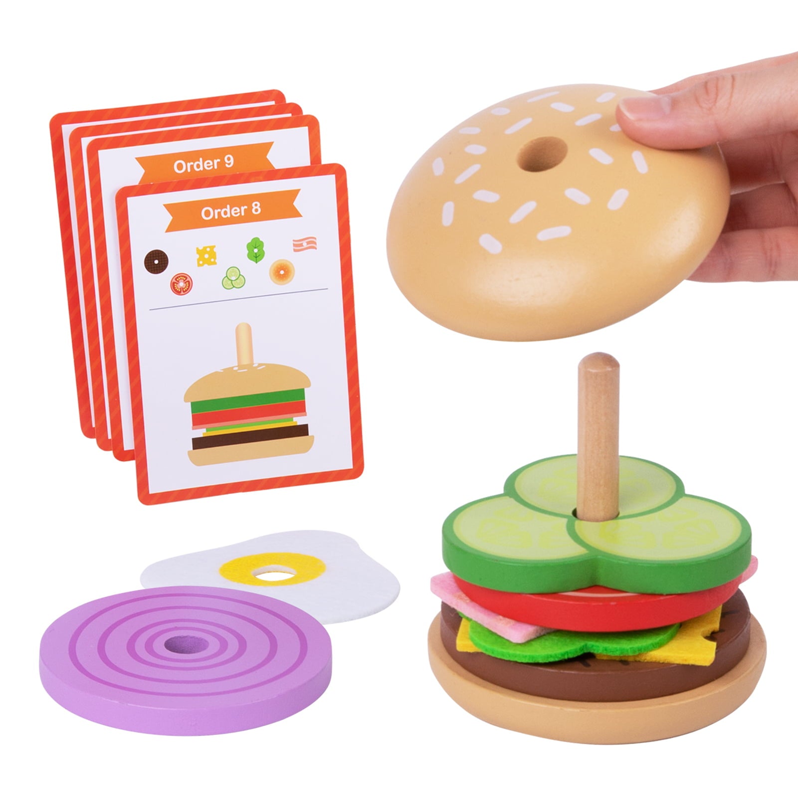 TOOKYLAND Montessori Hamburger Stacking Toys, Wooden Burger Toy Play Food Toys for Kids, Fine Motor Toys for 3 4 5 Year Old, Fake Food Hamburger Toys with Order Cards