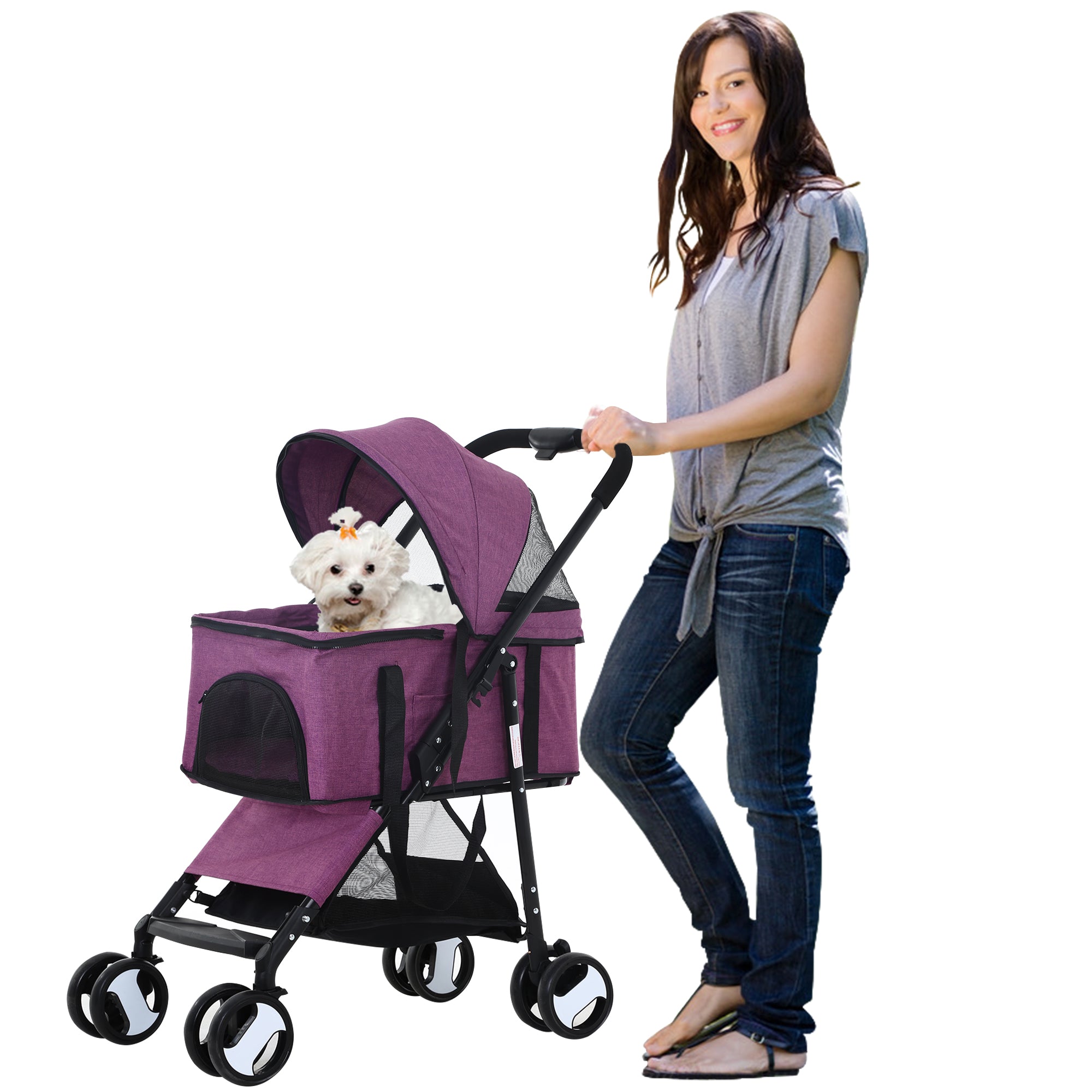 Folding Pet Stroller Dog Cat Stroller with Detachable Carrier Storage Basket, 3 in 1 Lightweight Waterproof Travel Stroller(Purple)