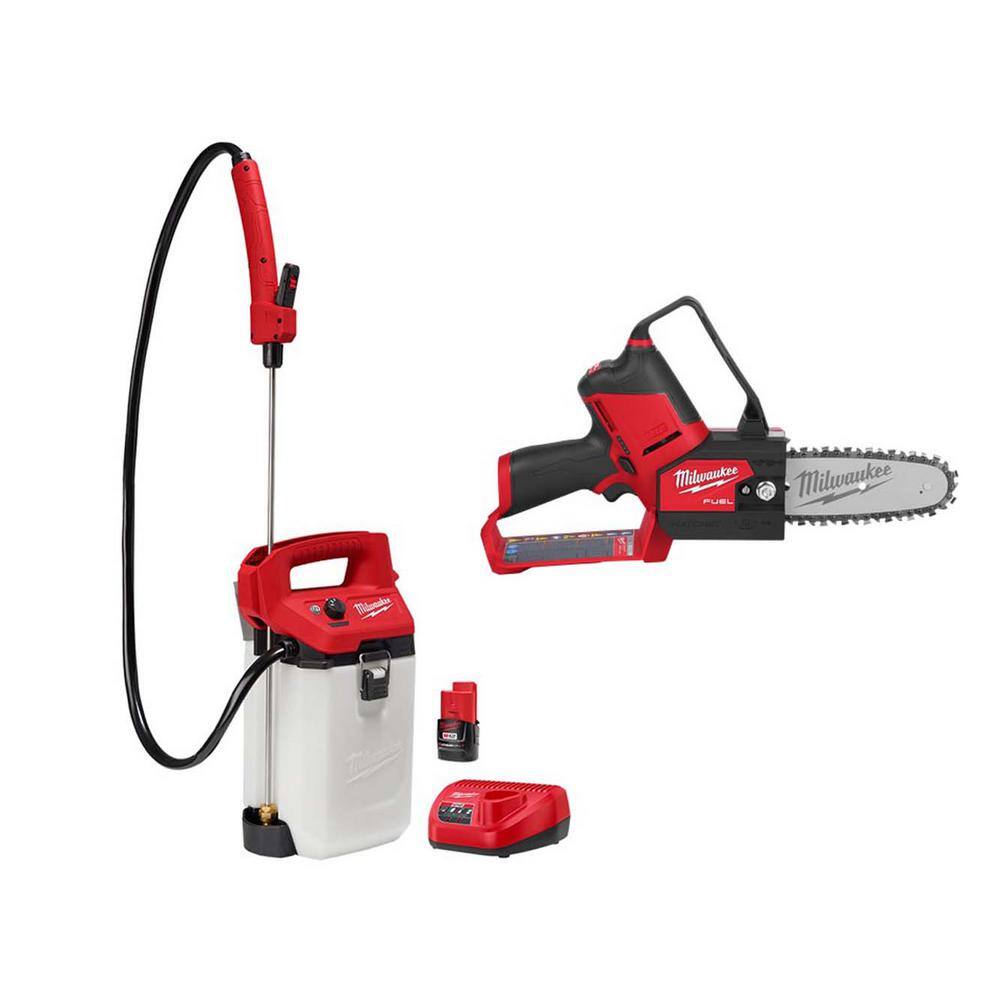 MW M12 12-Volt 2 Gal. Lithium-Ion Cordless Handheld Sprayer Kit with 6 in. HATCHET Pruning Saw 2.0 Ah Battery Charger 2528-21G2-2527-20