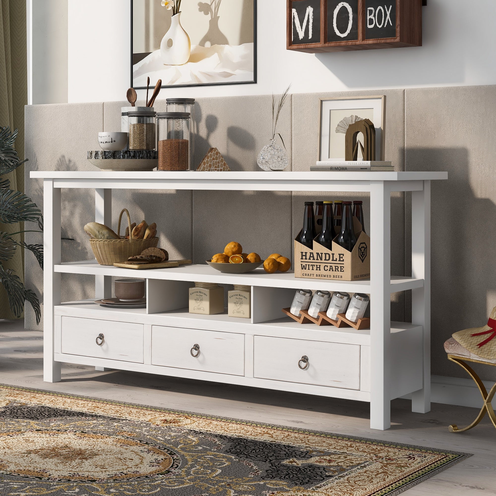 Solid Console Table Double-Storey Tabletop with Three Drawers