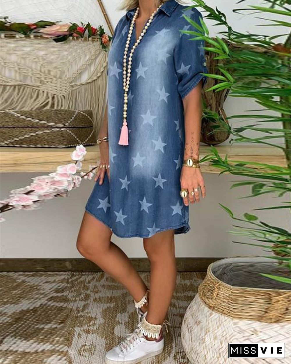 Star Printed Short Sleeve  Denim Skirt Holiday Dresses Shift Daytime Mini Dresss