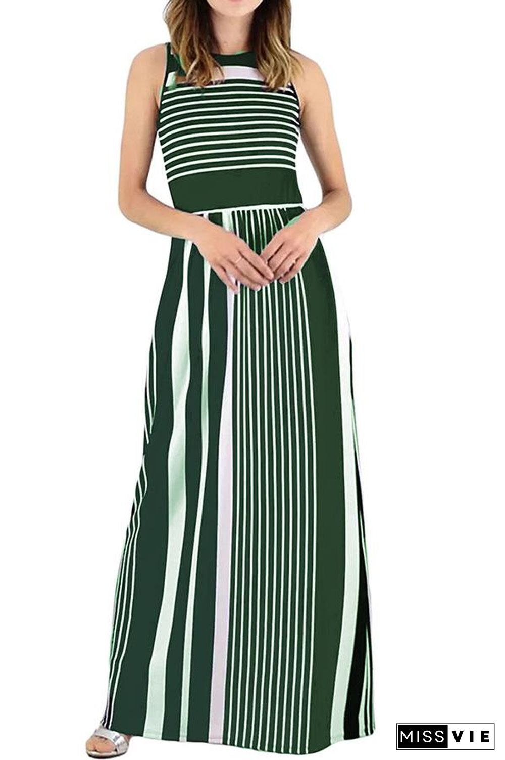 Mixed Color Sleeveless Stripe High Waist Maxi Dress