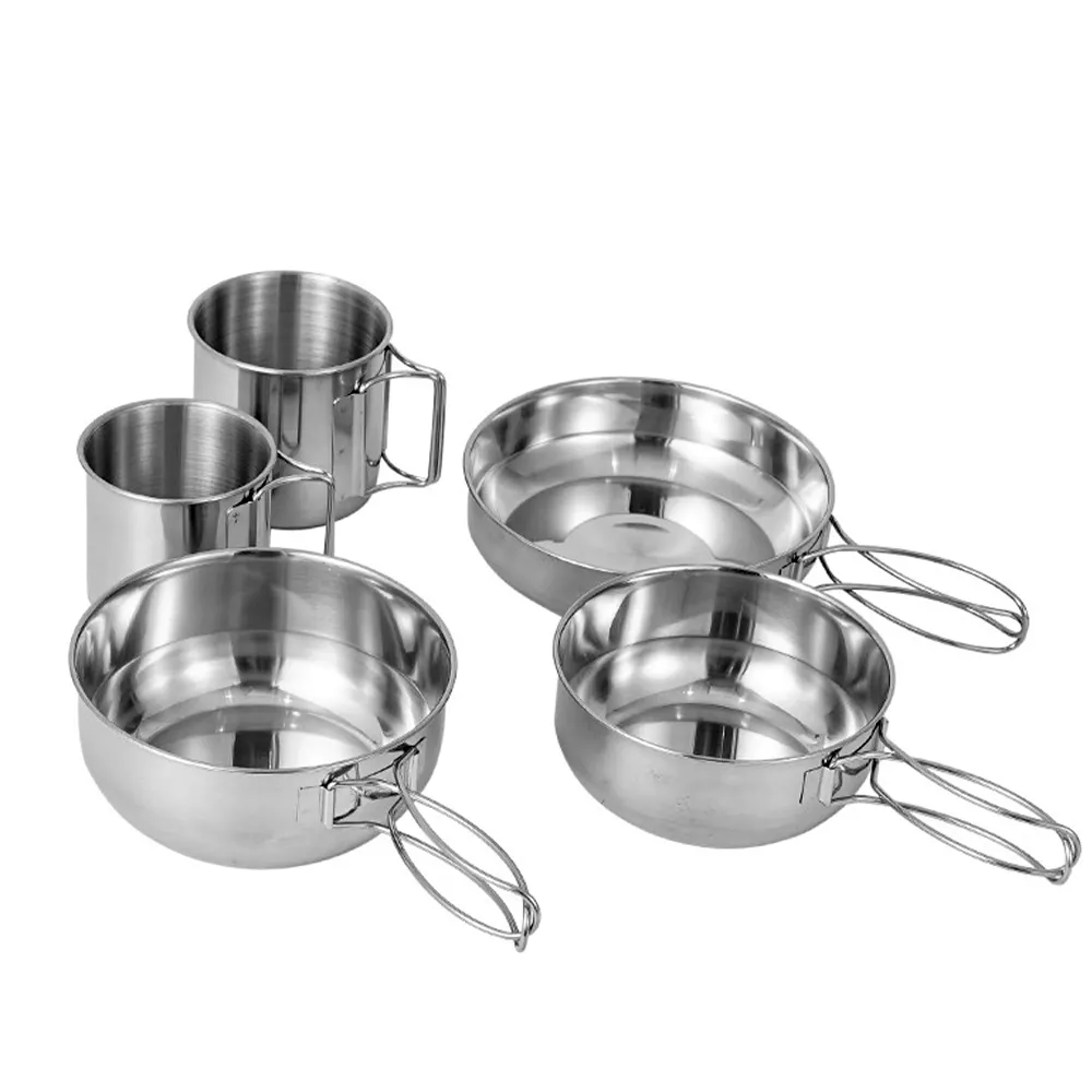 Cross border outdoor mountaineering portable 5 piece pot camping picnic barbecue travel fishing stainless steel cups and bowls