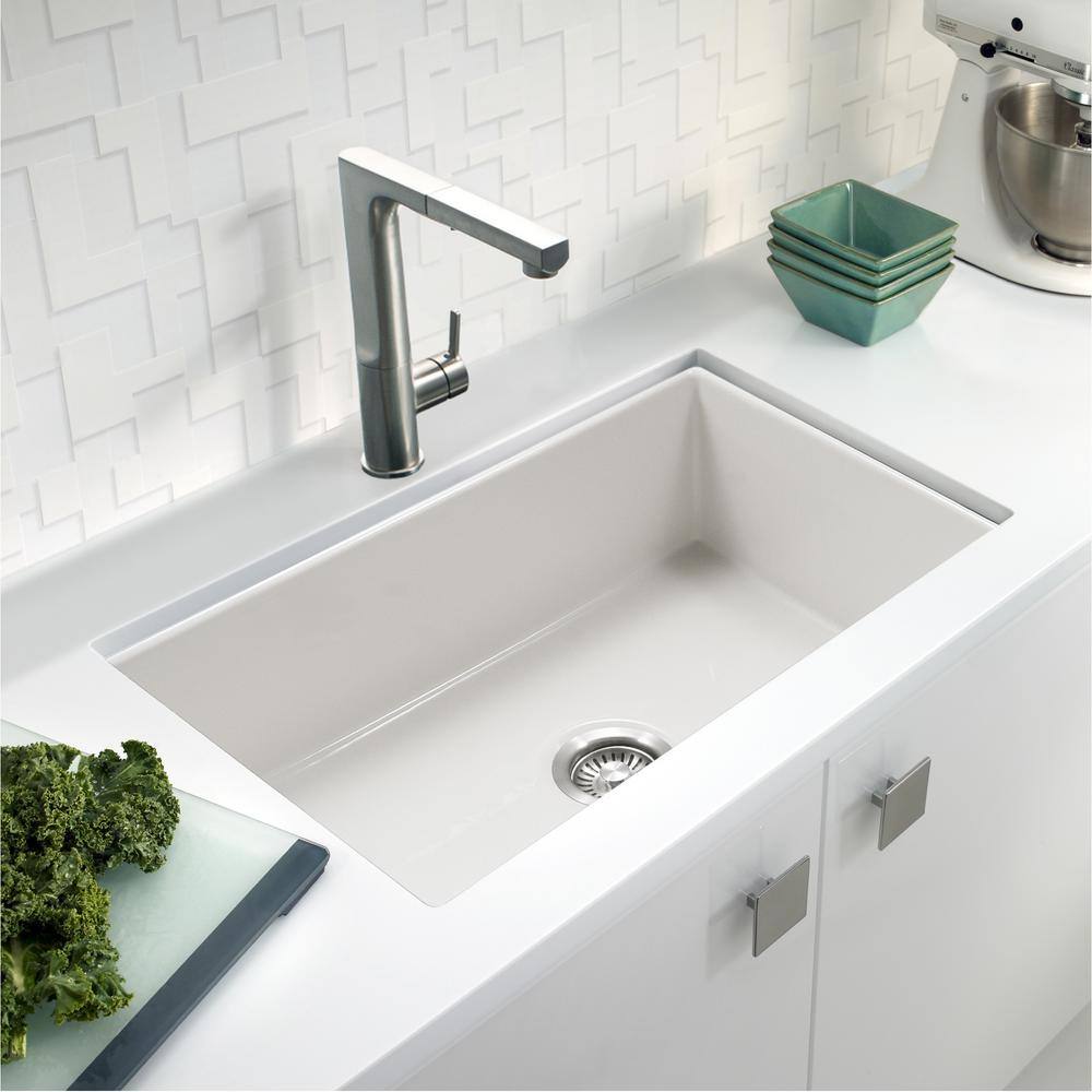 HOUZER White Fireclay 32 in. Single Bowl Undermount Kitchen Sink PTU-3600 WH