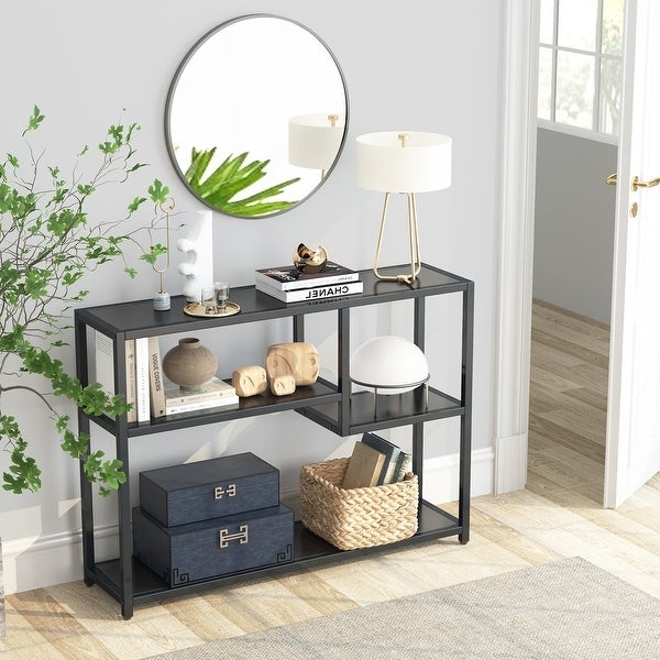 Console Table， 43 Inch Small Black Entryway table with Storage Shelves